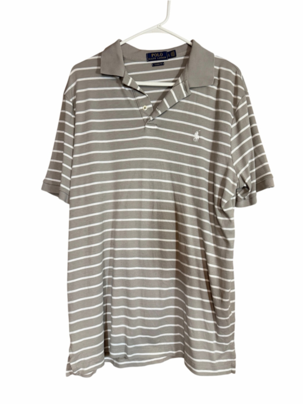 Men's Polo Ralph Lauren Gray White Striped Classic Fit Polo Shirt L